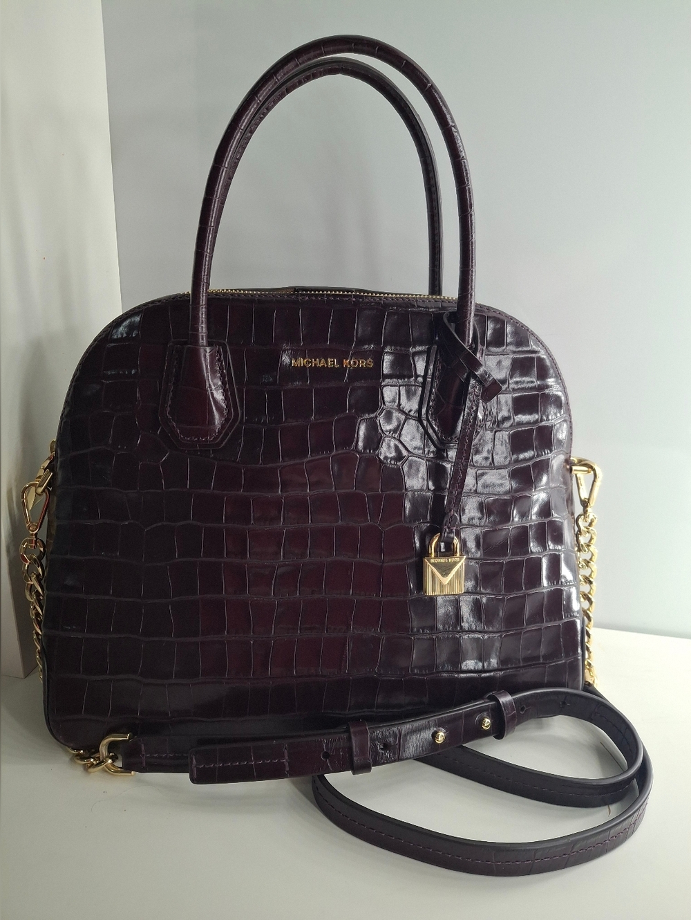 Michael Kors Mercer Crocodile-Embossed Leather Dome Satchel burgundy EUC